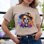 Camiseta Básica Feminina Bruxa Halloween Colorida 100% Algodão Premium - Caqui