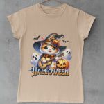 Camiseta Básica Feminina Gatinho Fofo Halloween Violão 100% Algodão Premium - Caqui