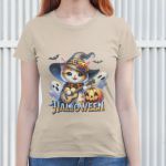 Camiseta Básica Feminina Gatinho Fofo Halloween Violão 100% Algodão Premium - Caqui