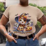 Camiseta Básica Feminina Gatinho Fofo Halloween Violão 100% Algodão Premium - Caqui