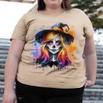 Camiseta Básica Feminina Bruxa Halloween Colorida 100% Algodão Premium - Caqui