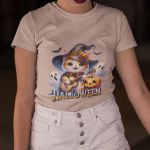 Camiseta Básica Feminina Gatinho Fofo Halloween Violão 100% Algodão Premium - Caqui