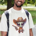Camiseta Básica Masculina Alien Cowboy Faroeste 100% Algodão Premium - Branco