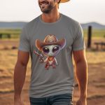 Camiseta Básica Masculina Alien Cowboy Faroeste 100% Algodão Premium - Chumbo