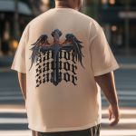 Camiseta Básica Masculina Crucifixo Cristão Frente e Costas 100% Algodão Premium - Caqui