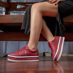 Tênis Feminino Vermelho Bordado Fé Plataforma Flatform Com Tiras