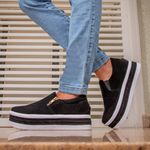 Slip On Feminino Preto Sola Alta Tênis Plataforma Com Zíper