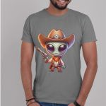 Camiseta Básica Masculina Alien Cowboy Faroeste 100% Algodão Premium - Chumbo