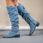 Bota Montaria Em Camurça Enrugada Cano Longo Com Zíper - Azul