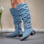 Bota Montaria Em Camurça Enrugada Cano Longo Com Zíper - Azul