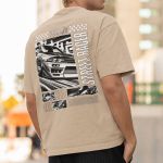 Camiseta Básica Masculina Carro De Corrida De Rua Frente E Costas 100% Algodão Premium - Caqui