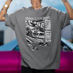 Camiseta Básica Masculina Carro De Corrida De Rua Frente E Costas 100% Algodão Premium - Chumbo