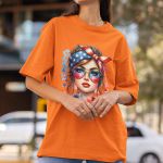 Camiseta Feminina Americana USA Bandeira 100% Algodão Premium - Laranja