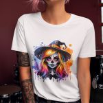 Camiseta Básica Feminina Bruxa Halloween Colorida 100% Algodão Premium - Branco