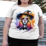 Camiseta Básica Feminina Bruxa Halloween Colorida 100% Algodão Premium - Branco