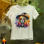 Camiseta Básica Feminina Bruxa Halloween Colorida 100% Algodão Premium - Branco