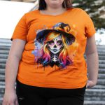 Camiseta Básica Feminina Bruxa Halloween Colorida 100% Algodão Premium - Laranja