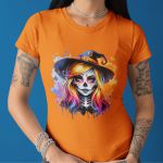 Camiseta Básica Feminina Bruxa Halloween Colorida 100% Algodão Premium - Laranja