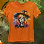 Camiseta Básica Feminina Bruxa Halloween Colorida 100% Algodão Premium - Laranja