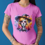 Camiseta Básica Feminina Bruxa Halloween Colorida 100% Algodão Premium - Rosa