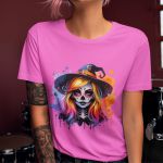 Camiseta Básica Feminina Bruxa Halloween Colorida 100% Algodão Premium - Rosa