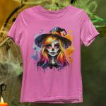 Camiseta Básica Feminina Bruxa Halloween Colorida 100% Algodão Premium - Rosa