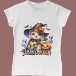 Camiseta Básica Feminina Gatinho Fofo Halloween Violão 100% Algodão Premium - Branco