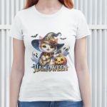 Camiseta Básica Feminina Gatinho Fofo Halloween Violão 100% Algodão Premium - Branco