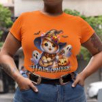 Camiseta Básica Feminina Gatinho Fofo Halloween Violão 100% Algodão Premium - Laranja