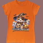 Camiseta Básica Feminina Gatinho Fofo Halloween Violão 100% Algodão Premium - Laranja