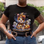 Camiseta Básica Feminina Gatinho Fofo Halloween Violão 100% Algodão Premium - Preto