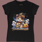 Camiseta Básica Feminina Gatinho Fofo Halloween Violão 100% Algodão Premium - Preto