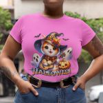 Camiseta Básica Feminina Gatinho Fofo Halloween Violão 100% Algodão Premium - Rosa