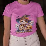 Camiseta Básica Feminina Gatinho Fofo Halloween Violão 100% Algodão Premium - Rosa