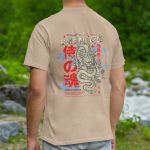 Camiseta Masculina Bushido Dragão Frente E Costas 100% Algodão Premium - Caqui