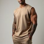 Camiseta Regata Masculina Machão Muscle Lisa 100% Algodão Premium - Caqui
