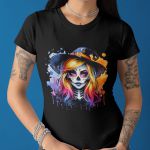 Camiseta Básica Feminina Bruxa Halloween Colorida 100% Algodão Premium - Preto