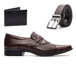 Kit Social Sapato Café Bico Fino Masculino Couro Natural + Cinto e Carteira Em Couro Sintético
