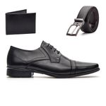 Kit Sapato Cadarço Bico Fino Masculino Social Couro Natural + Cinto e Carteira Em Couro Sintético 