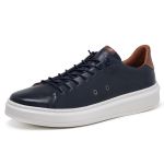 Tênis Masculino Básico Azul Marinho Em Couro Legitimo Elástico 