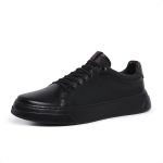 Tênis Masculino Básico Black Em Couro Legitimo Elástico 