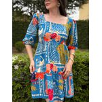 Vestido Clarice Azul Mix de Estampas