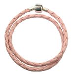 Pulseira em Couro Trançado Rosa com Fecho em Prata de 33cm 