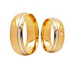 Par de Alianças Casamento Modelo Trabalhado Ouro 18k/750 6.70mm Abaulada Polida Com Ródio Semi Anatômica/Semi Confort Com Pedra - 10145