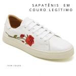 Tênis De Couro Cor Branco Com Flor Vermelhas 25000