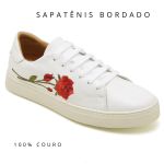 Tênis De Couro Cor Branco Com Flor Vermelhas 25000