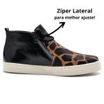 Tenis Cano Alto Feminino Couro Hiate Elegante Cor Verniz Preto Girafa Preto