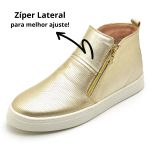 Tenis Cano Alto Feminino Botinha Couro Hiate Elegante Cor World Ouro Dourado