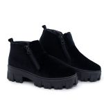 Bota Coturno Feminino Couro Cano Baixo Elegante Sola Tratorada Plataforma Cor Veludo Preto Preto