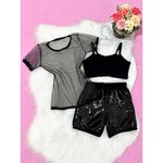 Conjunto Blusa Tule Com Glitter + Top e Short Paetê Bianca 